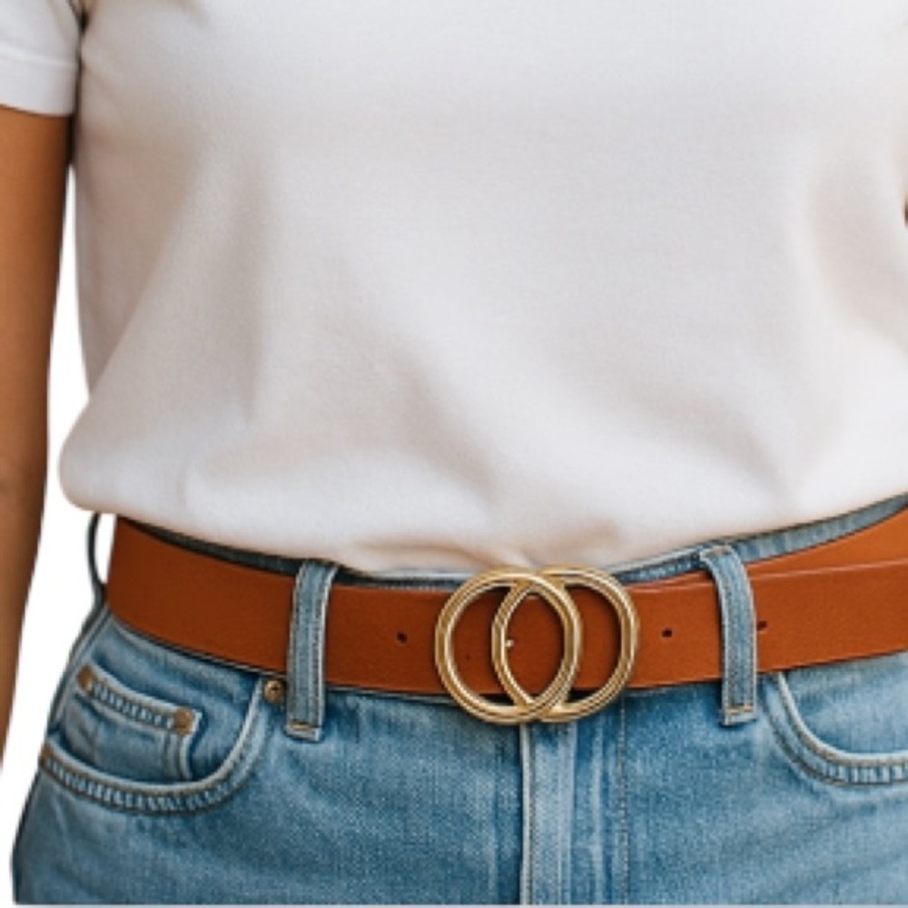 PSEUDO Double O Belt Peg And Hole Tan Faux Leather Belt with Brass Buckle OS